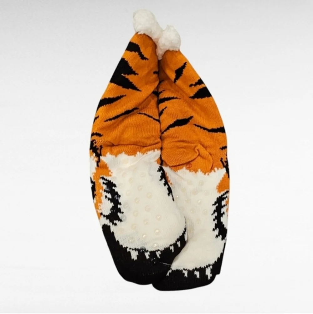 Tiger Sherpa Lined Slipper Socks Non Skid One Size